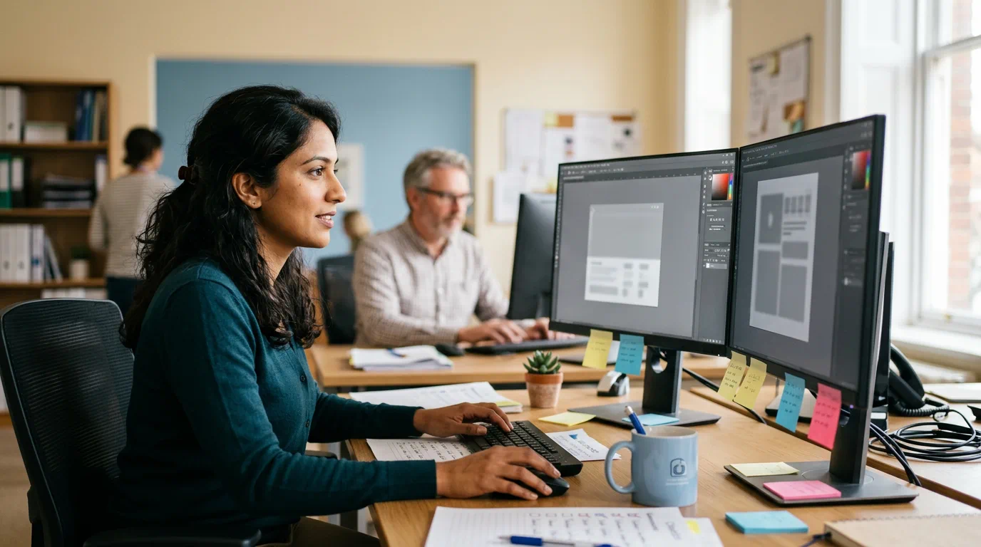 Stanowisko redakcyjne z monitorami, notatkami o polisach i wydrukowanymi checklistami CommonLifeChannel, 1200×800 px