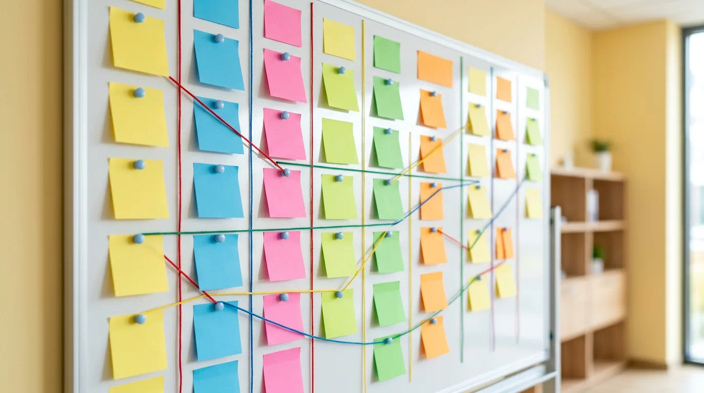 Tablica z karteczkami etapów programu edukacyjnego CommonLifeChannel i kolorowymi nitkami powiązań, 1200×900 px