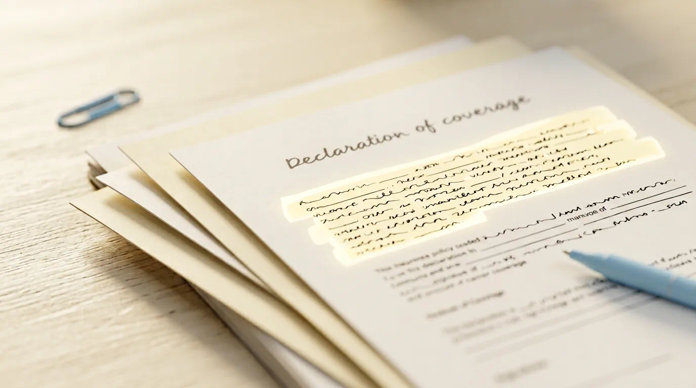 Zbliżenie na dokument deklaracji pokrycia ubezpieczeniowego z podświetlonym akapitem, ilustracja artykułu, 1200×675 px