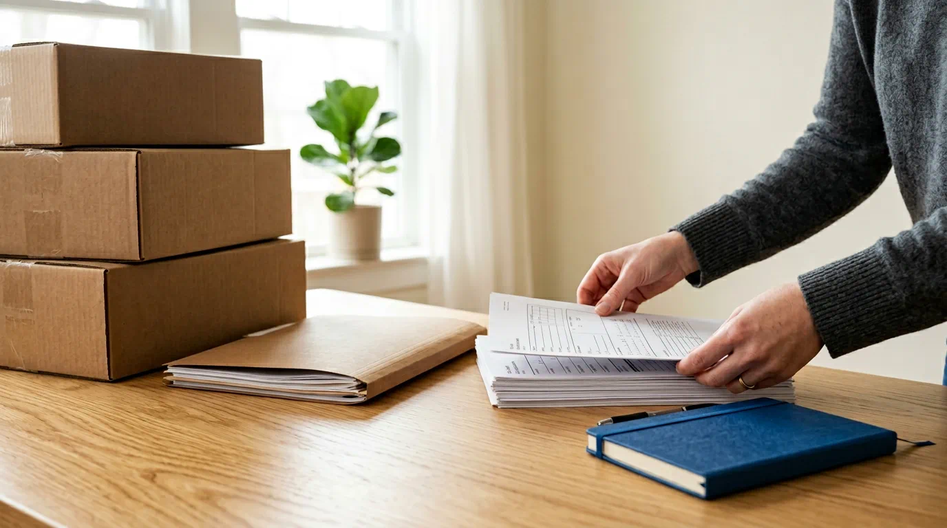 Kartony przeprowadzkowe obok teczki z dokumentami ubezpieczeniowymi na stole, 1200×675 px
