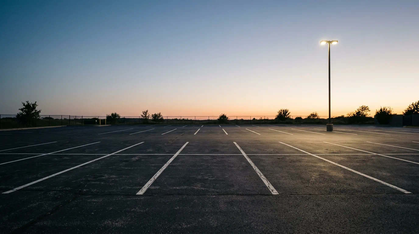 Pusty parking z widoczną linią miejsc postojowych i światłami latarni, tło do artykułu o zdarzeniach, 1200×675 px
