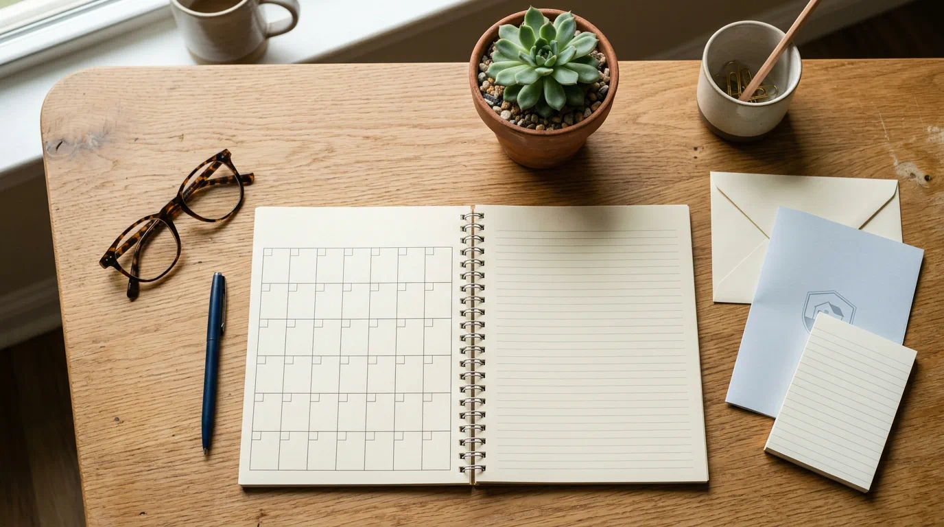 Kalendarz z zaznaczonym terminem przypomnienia obok okularów i długopisu na biurku, 1200×675 px
