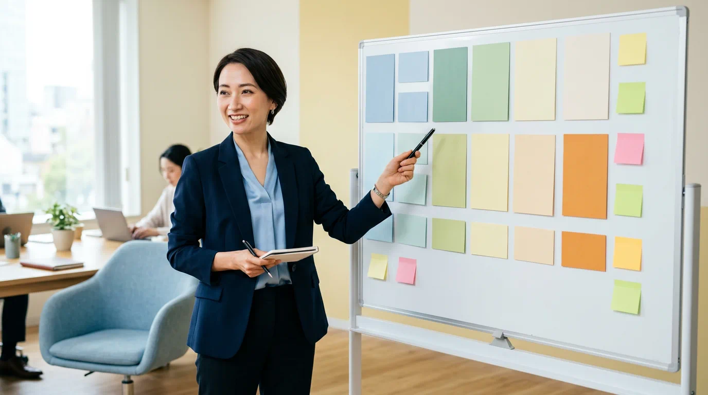 Konsultantka wskazuje tablicę z kartami dokumentów ubezpieczeniowych i numerami spraw, 1200×800 px